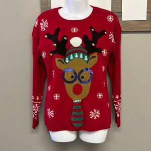 United States Sweater Red Christmas Crewneck Sweater with Reindeer & Bells-Small